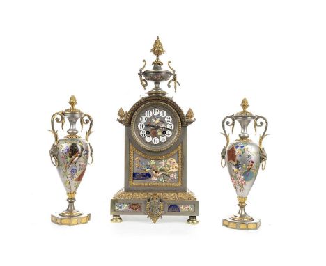 GOOD FRENCH JAPONISME CLOCK GARNITURE LATE 19TH CENTURY with two train eight day Japy Freres movement striking on a coil, the