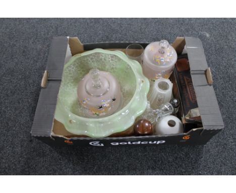 A box containing 20th century glass ware to include Art Deco light shade, hand painted glass biscuit barrel with lid, Aladdin