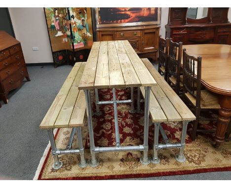 A reclaimed scaffolding table and two bench, length 200 cm  