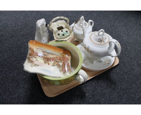 A tray of antique and later china to include, Staffordshire dog, Royal Doulton Rustic shallow dish, Arthur Wood Art Deco flow