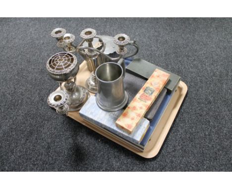 A tray of five boxes of assorted flatware, Sheffield plated teapot, candelabra