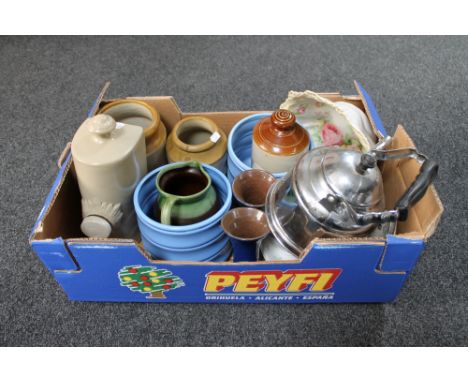 A box of stoneware kitchen jars and hot water bottles, chrome plated teapot, stoneware vases, together with a camera tripod 