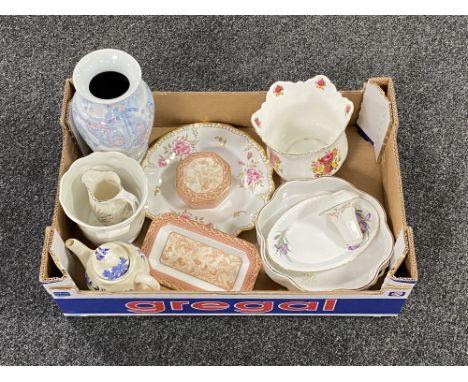 A box of assorted china to include Wedgwood Venus lidded trinket dish and tray, Chinese vase, planters, flan dishes, Hohner c