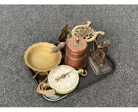A tray of antique and later metal ware - Salter hanging scales, brass trivet, etc and treen lidded barrel 
