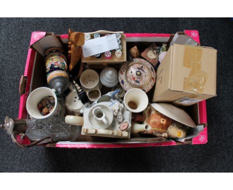 A box of china to include claret jug, Imari style teapot, beer steins, cottage ware, teapot etc 