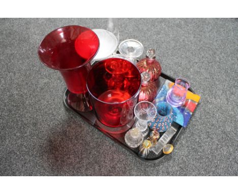 A tray of assorted glass ware - perfume bottles, studio glass vase, Doulton Crystal desk clock, candlesticks, comport 