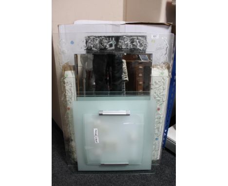 An embossed glass framed designer PTL bathroom mirror and a PTL glass light fitting (both parts with boxes) 
