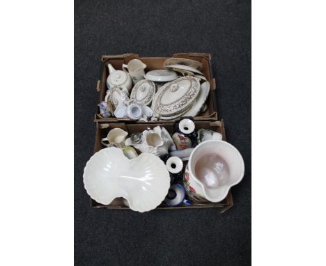 Two boxes of antique and later china to include leaf plates and soup tureens, large Italian pottery jug, comport, Royal Worce