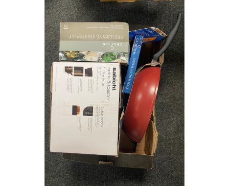 A box of Sabichi kettle and toaster, Crofton wok, preserving kit, digital scales and knife set 