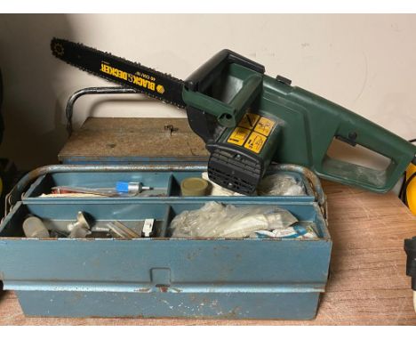 A Black &amp; Decker electric chain saw, two metal concertina tool boxes of hand tools and hardware 