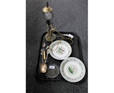 A tray of vintage table lamp with etched glass shade, leaded glass panel, plated, EPNS cutlery