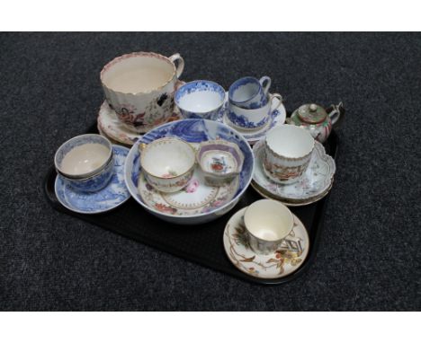 A tray of antique and later tea china - oriental teapots, blue and white tea cups, coffee cans, saucers, Victorian tea china 