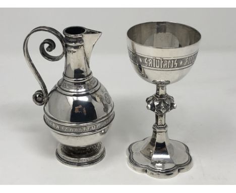 An Edwardian silver communion goblet and matching ewer engraved with Pascha Nostrum, Walker &amp; Hall, Sheffield 1909, goble