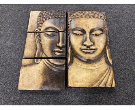 Two ceramic panels depicting Buddhas heads, one in three sections 