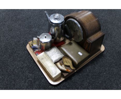 A tray of oak cased 1930's Enfield mantel clock, boxed cards and dominoes, metal trinket box, plated teapot, cased Meerschaum