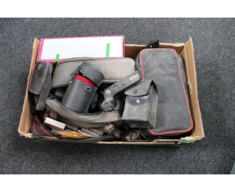 A box of Sharp camcorder, camera bag, lens, Western Master light meter etc 