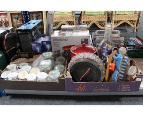 A box of assorted tea china, glass kitchen storage jars, glass bottle of shotgun cartridges, cased onyx goblets, light fittin