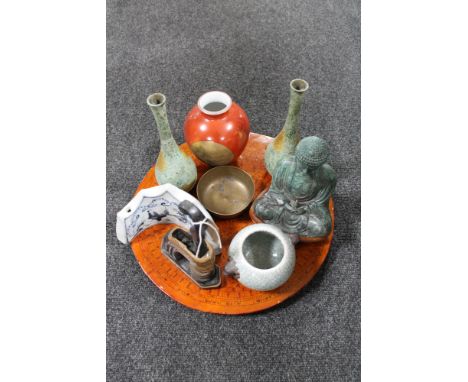 A circular lacquered Chinese table compass and assorted Chinese items to include patinated figure of a seated Buddha, vases, 