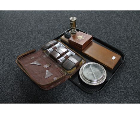 A tray of cased replica Spencer &amp; Company barometer, further barometer, cased gent's travel set, drawing instruments 
