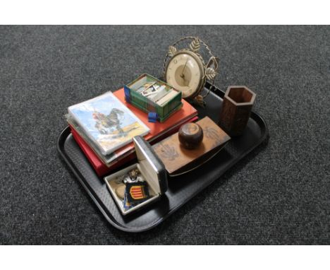 A tray of postcards, albums and stamps, mid 20th Bentima mantel clock, box of Scout badges and sew on patches 