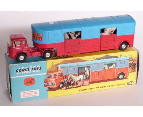 Corgi Major Toys Circus Horse Transporter With Horses with red body, red and blue trailer, lemon interior and six horses 1130