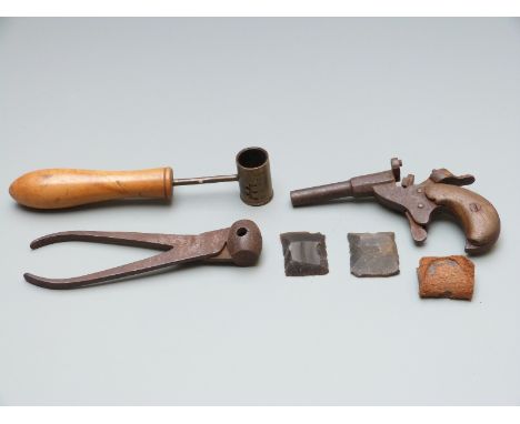 Percussion hammer action blank firing pistol together with a James Dixon &amp; Sons shot/powder measure, a bullet mould and t