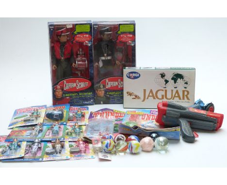 Nine Matchbox Thunderbirds and Stingray figures, two Carlton Captain Scarlet figures and a&nbsp;Corgi car set, all in origina