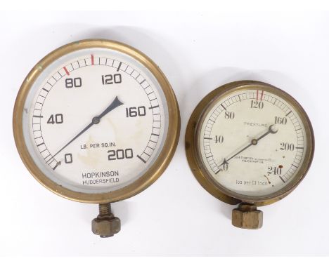Two large steam engine or similar pressure gauges, one Hopkinson the other John Thompson, largest 27cm diameter