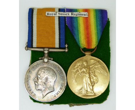 British Army WWI medals comprising the War medal and Victory Medal named to 17354 Pte T Wilson Royal Sussex Regiment