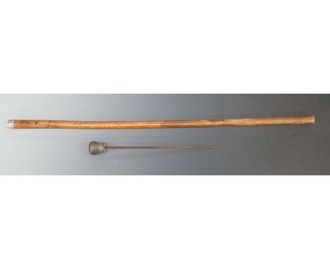 A wooden shafted dagger/ swordstick with 30cm blade and hallmarked silver collar.&nbsp;