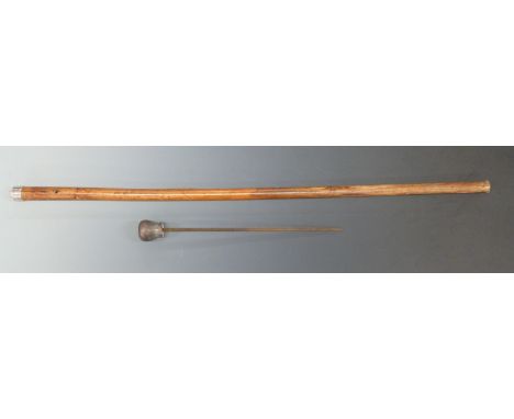 A wooden shafted dagger/ swordstick with 30cm blade and hallmarked silver collar.&nbsp;