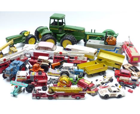 Over 30 Corgi, Dinky, Matchbox and similar diecast model vehicles including fire engines, large scale John Deere etc&nbsp;