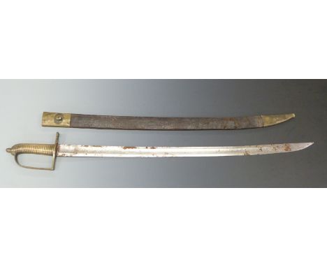 An 18thC war trophy: French Naval short sword with curved single edged blade and brass stirrup hilt, reputed to have been cap