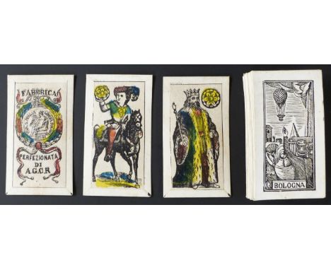 Fabbrica Perfezionata di A.G.D.R., Bologna, italy playing cards. Romagnole single figure pattern. Turn over edges. Backs with