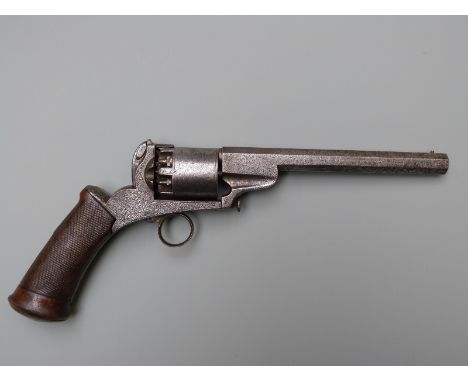 Belgian 54 bore six-shot percussion revolver with ring trigger, engraved frame and butt cap, chequered grip and seven inch oc