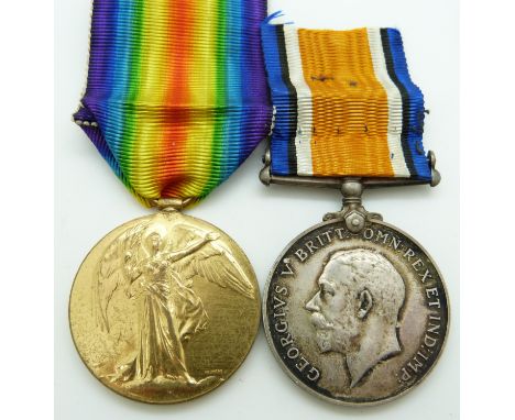 British Army WWI medals comprising War Medal and Victory Medal named to 28224 Pte A G Tye Gloucestershire Regiment