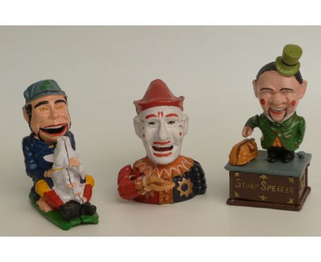 Three novelty cast metal mechanical money boxes comprising stump speaker, man with a pig and a clown