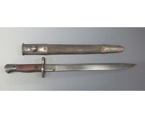 Bayonet with unfullered 30cm blade stamped J U 7 43 MkII, in scabbard stamped HAK1942