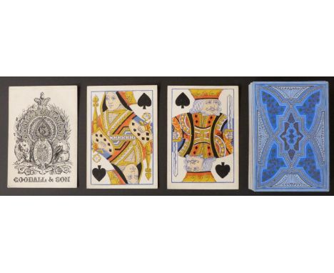 Goodall  & Son, London playing cards. Standard double ended courts, unturned, no indices. Blue and gold patterned backs. 52 c