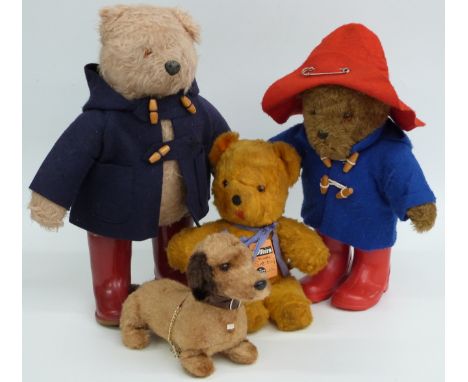 Four vintage teddy bears comprising two Paddington Bears and a Chiltern washable soft toy bear together with a Japanese batte