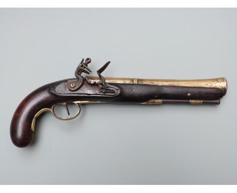 Brass barrelled flintlock hammer action blunderbuss pistol with engraved lock signed Manton, brass trigger guard and mounts a