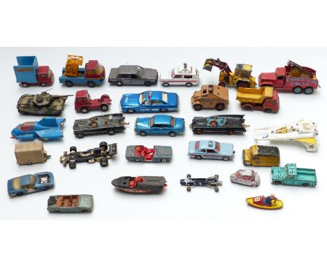 Twenty-eight Corgi Toys diecast model vehicles including Chipperfields Circus, Batmobile and Batboat, Buck Rogers Starfighter