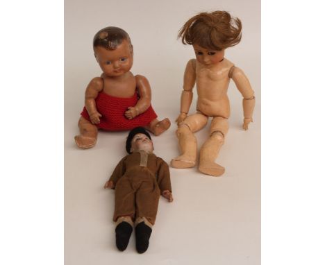 Three various dolls comprising one William Goebel bisque headed with fixed blue eyes, open mouth, black hair and jointed comp