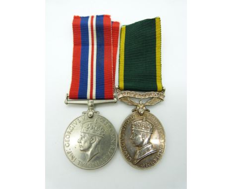 British Army Territorial Efficiency Medal named to 4077822 Gnr T Lewis RA, together with a WWII War Medal