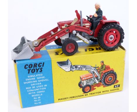 Corgi Toys diecast model Massey-Ferguson '165' Tractor With Shovel with red body and hubs, silver shovel and driver 69, in or