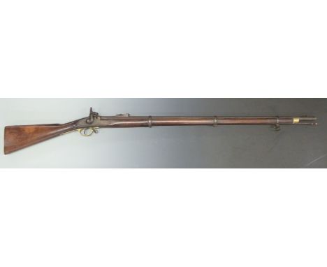 London Armoury Company Enfield three band percussion hammer action rifle with lock stamped with crown over VR cypher and 1862