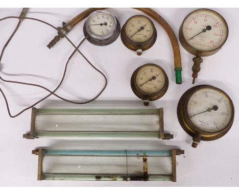Four pressure gauges, temperature gauge and two steam engine gauge glass protectors&nbsp;
