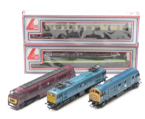 Five 00 gauge model railway diesel and similar locomotives to include Lima Deltic and GWR railcar both in original boxes, Wes
