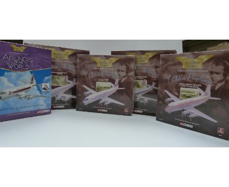 Five Corgi The Aviation Archive 1:144 scale diecast model aeroplanes comprising Classic Propliners 47603 and 47601, Frontier 