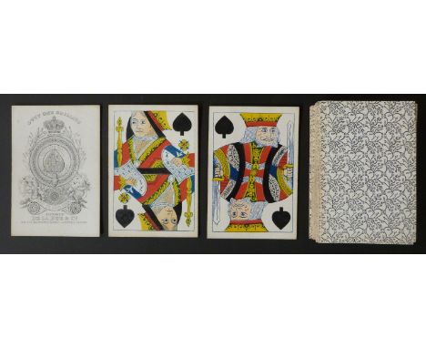 De La Rue & Co, England playing cards. Old Frizzle ace. Standard double ended courts. Unturned.  Grey patterned backs. 52 car